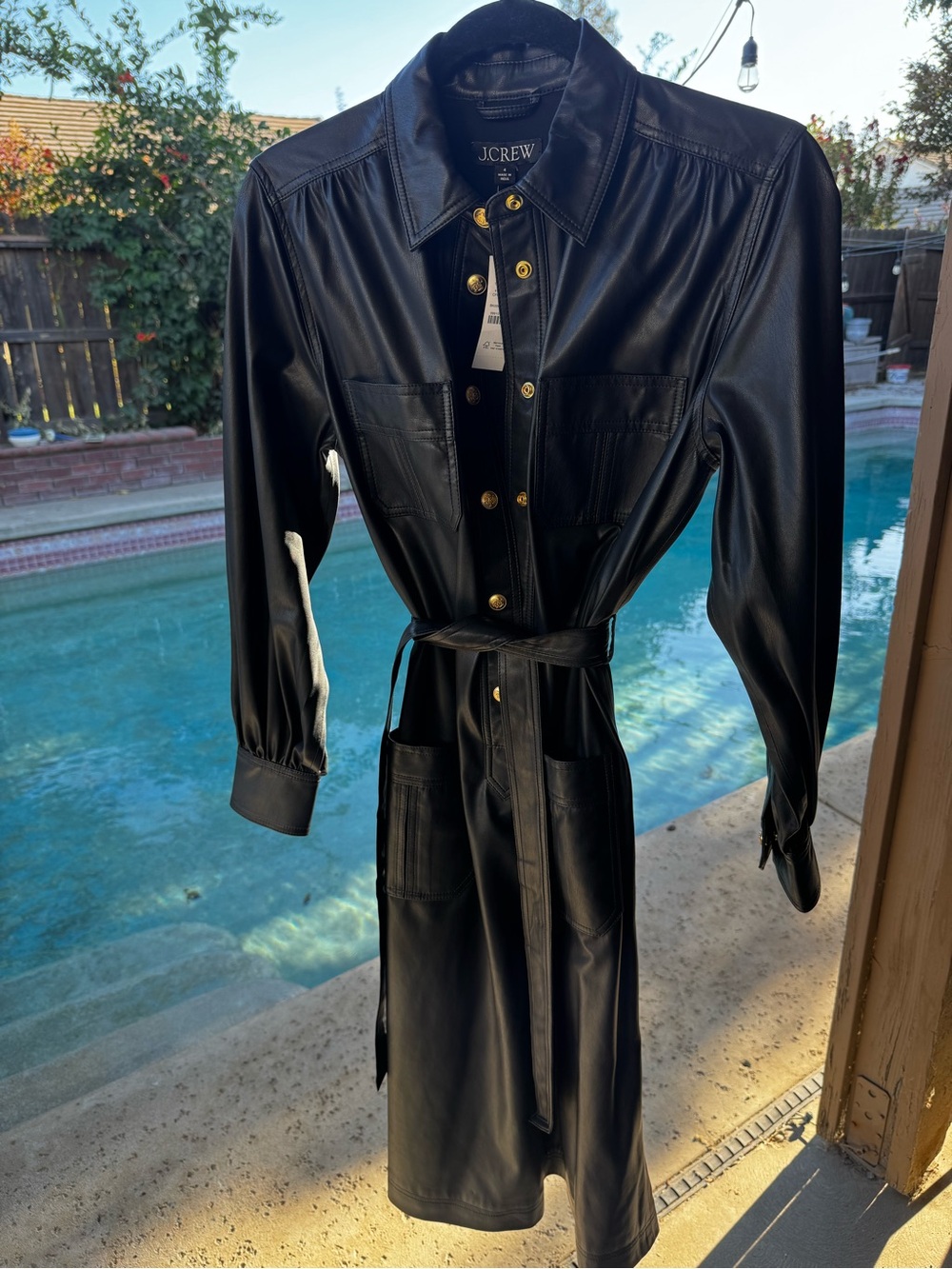 J.Crew Black Faux-Leather Belted Trench Coat with Gold Buttons